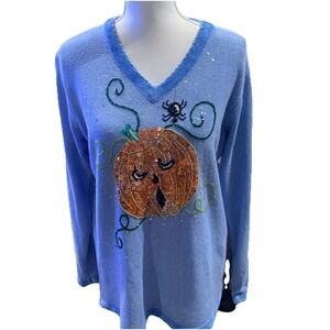 Quacker Factory Halloween‎ Sequin Jack O'lantern Spider Blue Sweater Womens M